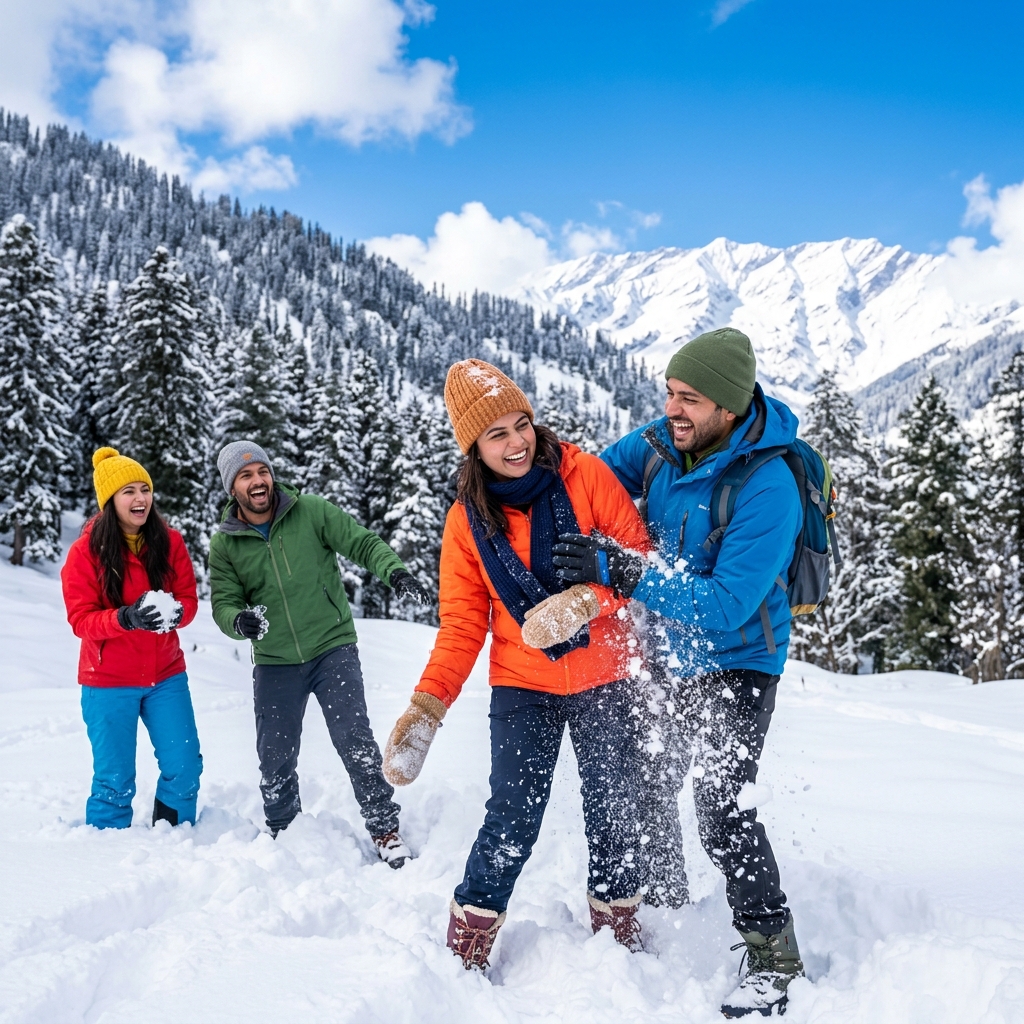 Tourists enjoying Manali snow